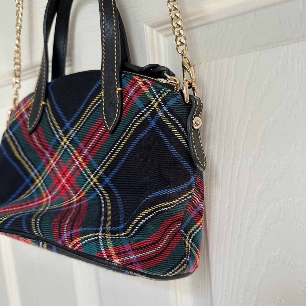 Dooney & Bourke Tartan Plaid Dome Satchel Crossbody Black Red Multi Gold Chain - Picture 6 of 16